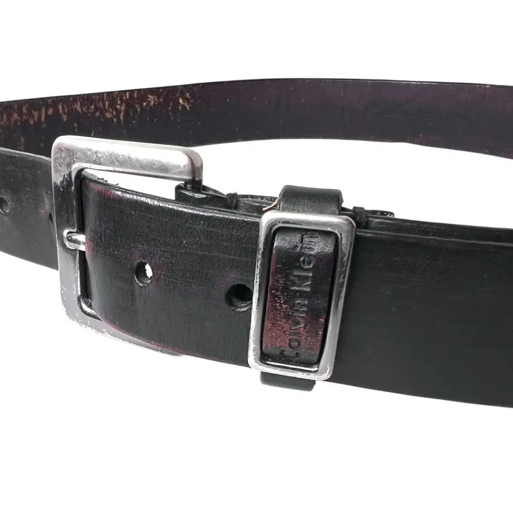 CK Leather Belt Dark Chocolate Vintage Silver Buckle Classic Casual Men 34 Waist